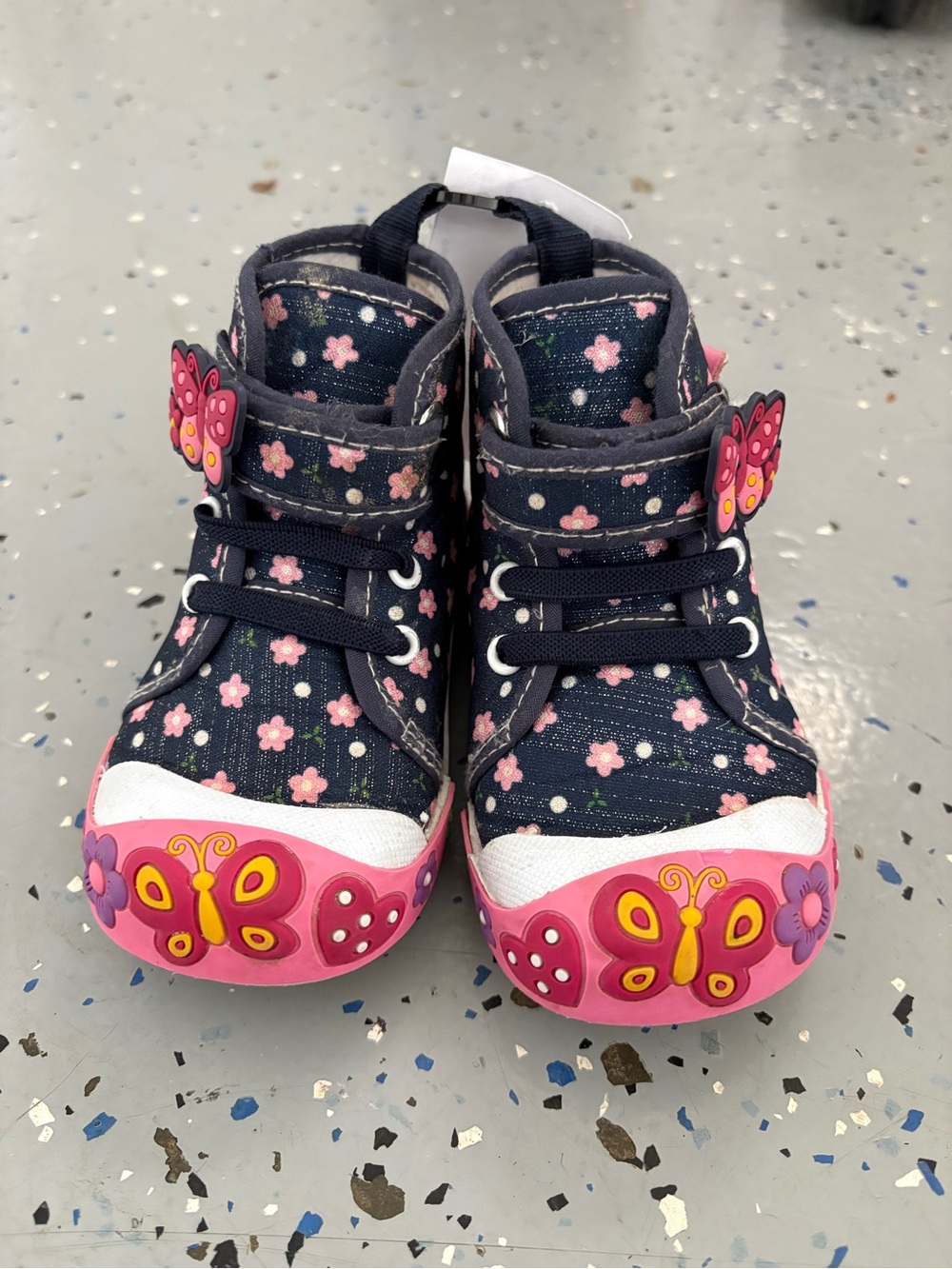 Toddler Size 7 Navy Floral High-Top Sneakers with Pink Butterfly Accents